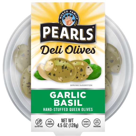 Pearls Deli Olives Garlic Stuffed Olives w/ Basil 4.5 oz Tub. Major Allergens Not Contained.