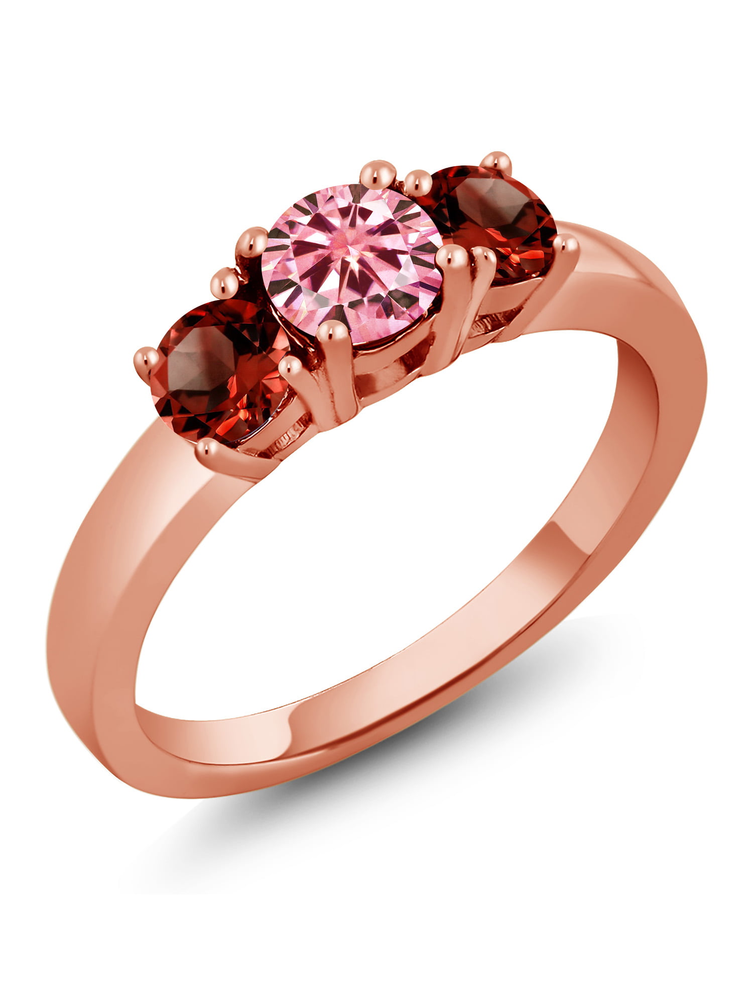 Gem Stone King 18K Rose Gold Plated Silver 3-Stone Wedding Jewelry Bridal Ring Round Pink Created Moissanite and Garnet Red 1.24cttw