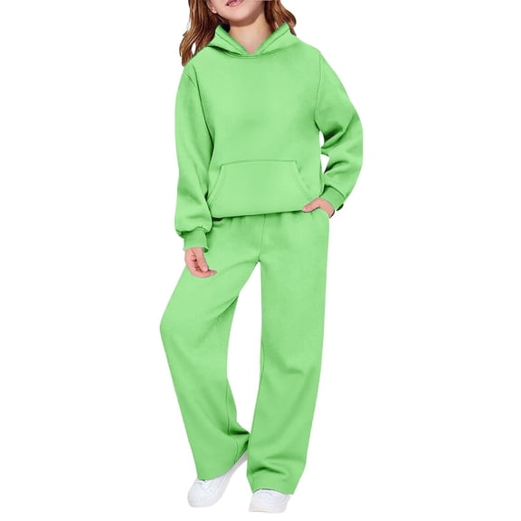 GiLiling Boys Girls 2-Piece Preppy Sweatsuit Set, Athletic Pullover Hoodie with Wide Leg Sweatpants, Fall Winter Tracksuit Pants (Green, 13-14 Years)