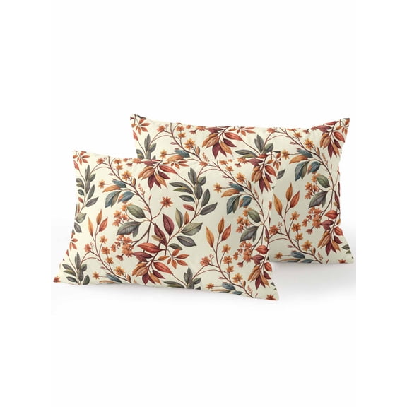 Waterproof Outdoor Throw Pillows with Inserts 12"x20" Set of 2, Fall Leaves Soft Decorative Pillowcases for Couch Bedroom, Farmhouse Beige Botanical Branch Pillow Covers for Sofa Living Room