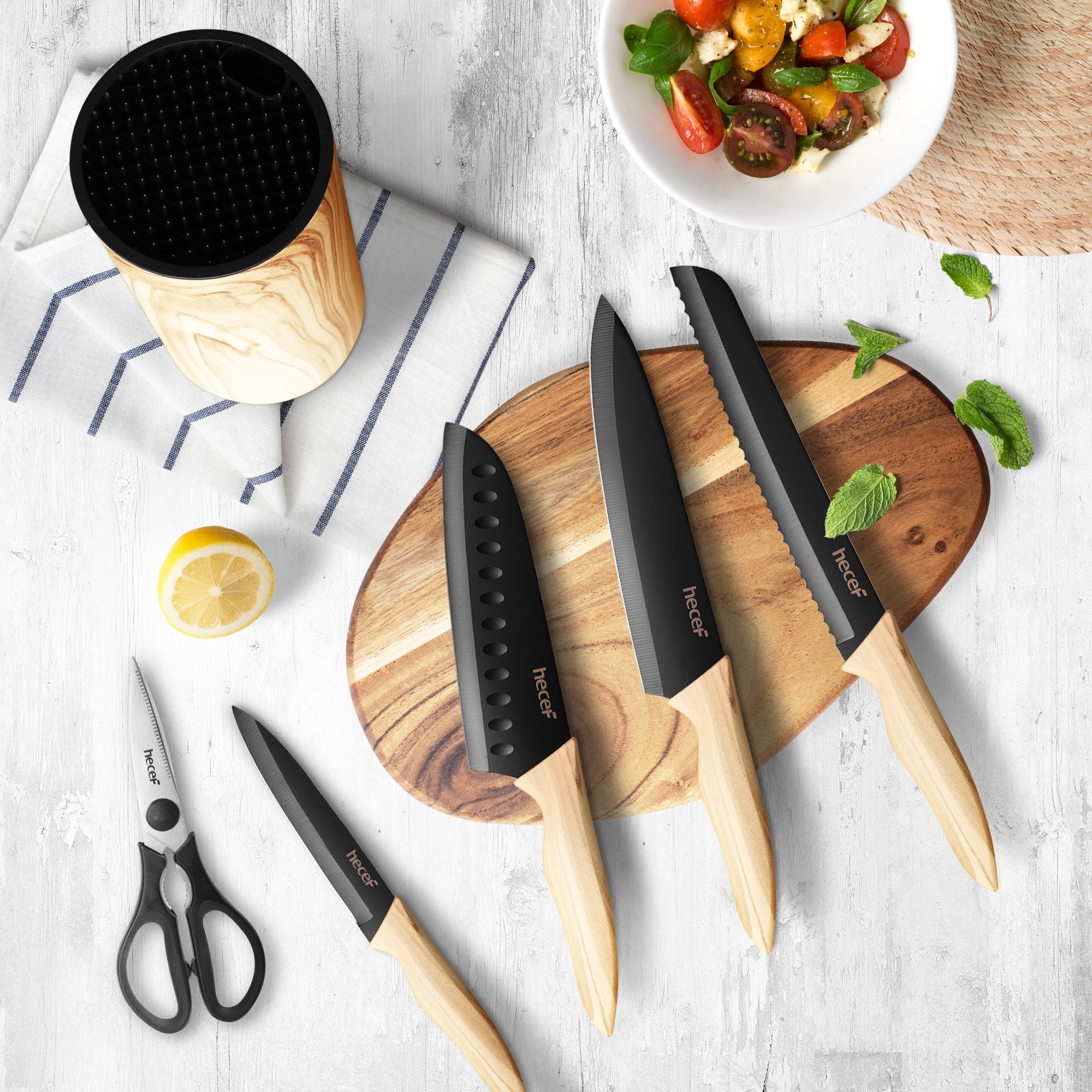 Hecef 6-Piece Kitchen Knife Set with Olive Wood Block, Sharp Stainless Steel Chef Knife Set, Non-stick Prof Knives.