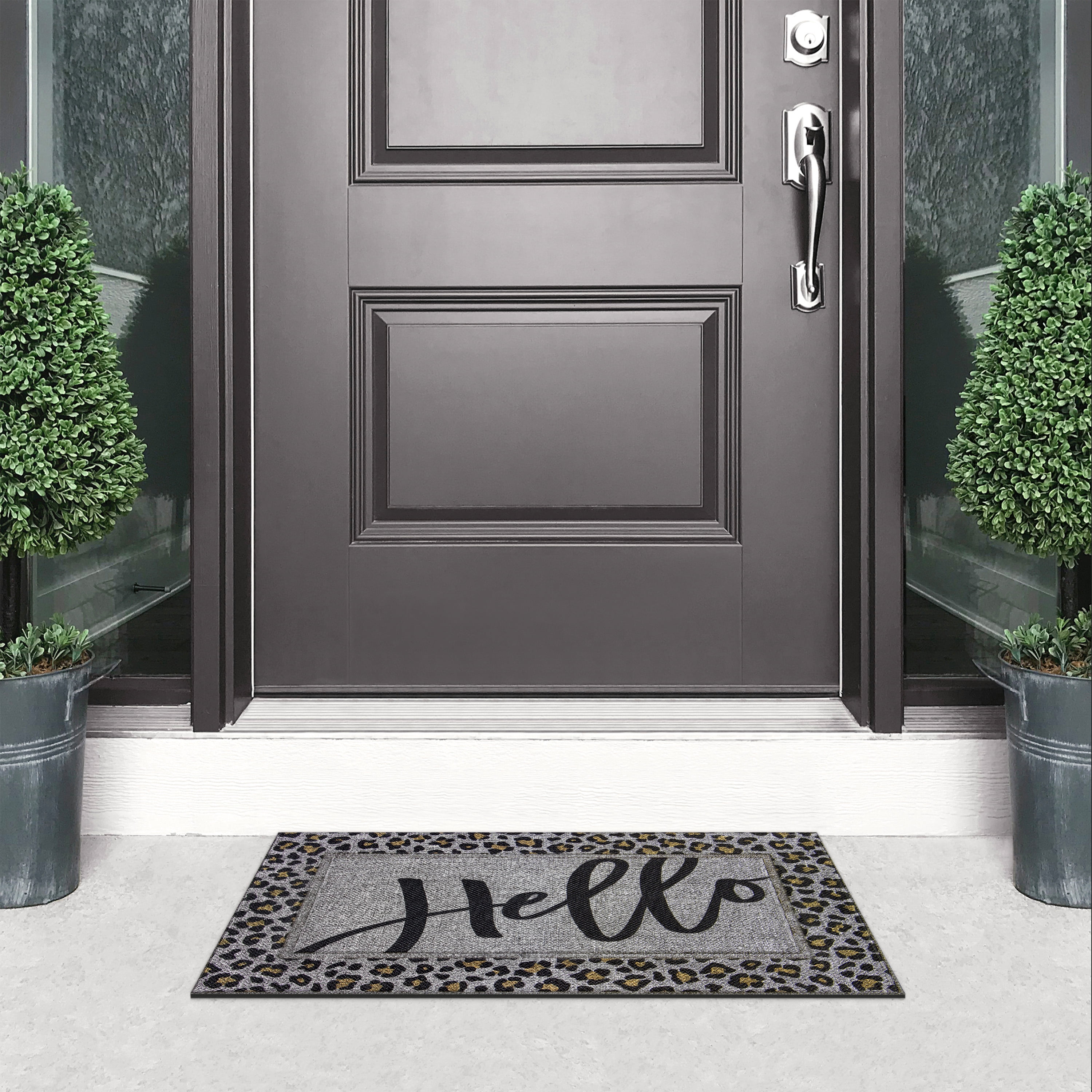 Mainstays Soho Woven Carpet Pewter Hello Leopard Entryway Doormat, 18" x 30"