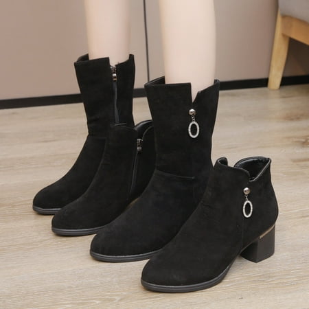 

ertutuyi fashion women flock solid color rhinestones autumn thick sole square heels zipper short booties round toe shoes black 41