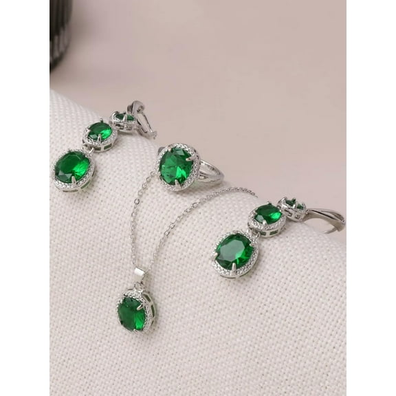 EOEMY 4Pcs Green Rhinestone Decor Jewelry Set Pendant Necklace Earrings And Ring-Default