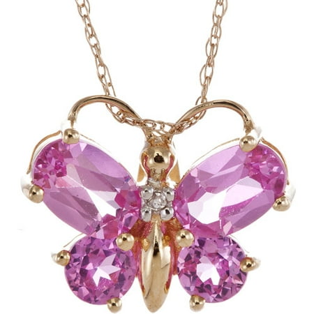 1.82 Carat T.G.W. Lab Pink Sapphire and Diamond Accent 10kt Yellow Gold Butterfly Pendant, 20"