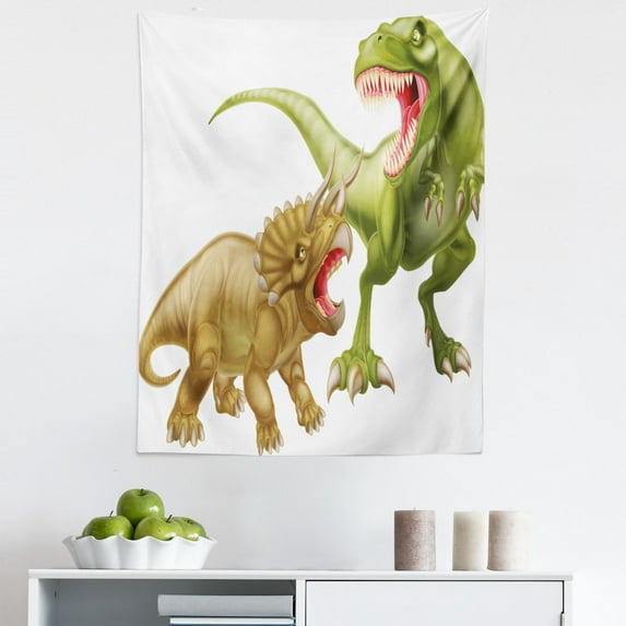 Dinosaur Tapestry, T Rex Versus Triceratops Scaring Each Other Wild Reptiles Dinosaur, Fabric Wall Hanging Decor for Bedroom Living Room Dorm, 5 Sizes, Green Pink Pale Brown, by Ambesonne