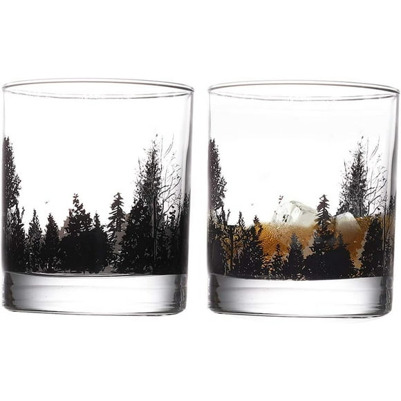Verres Bourbon TOOWELL Verres à Whisky Ensemble de 2, Verres Old Fashioned 11OZ Paysage Forestier Verres Scotch Faits à la Main Sans Plomb, Cadeaux d'Anniversaire pour Hommes Femmes, Verre Rocks pour Liqueur et C