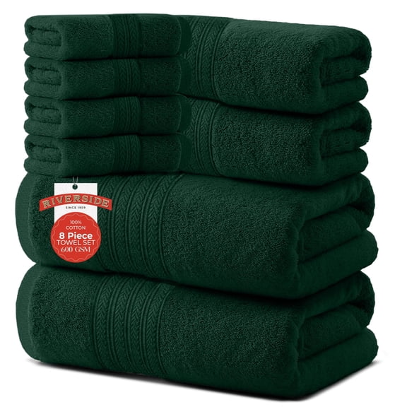 RIVERSIDE 8 Piece Cotton Towel Set 2 Bath 27x54 and 2 Hand Towels 16x28 with 4 Washcloths 12x12 Soft Absorbent - Hunter Green