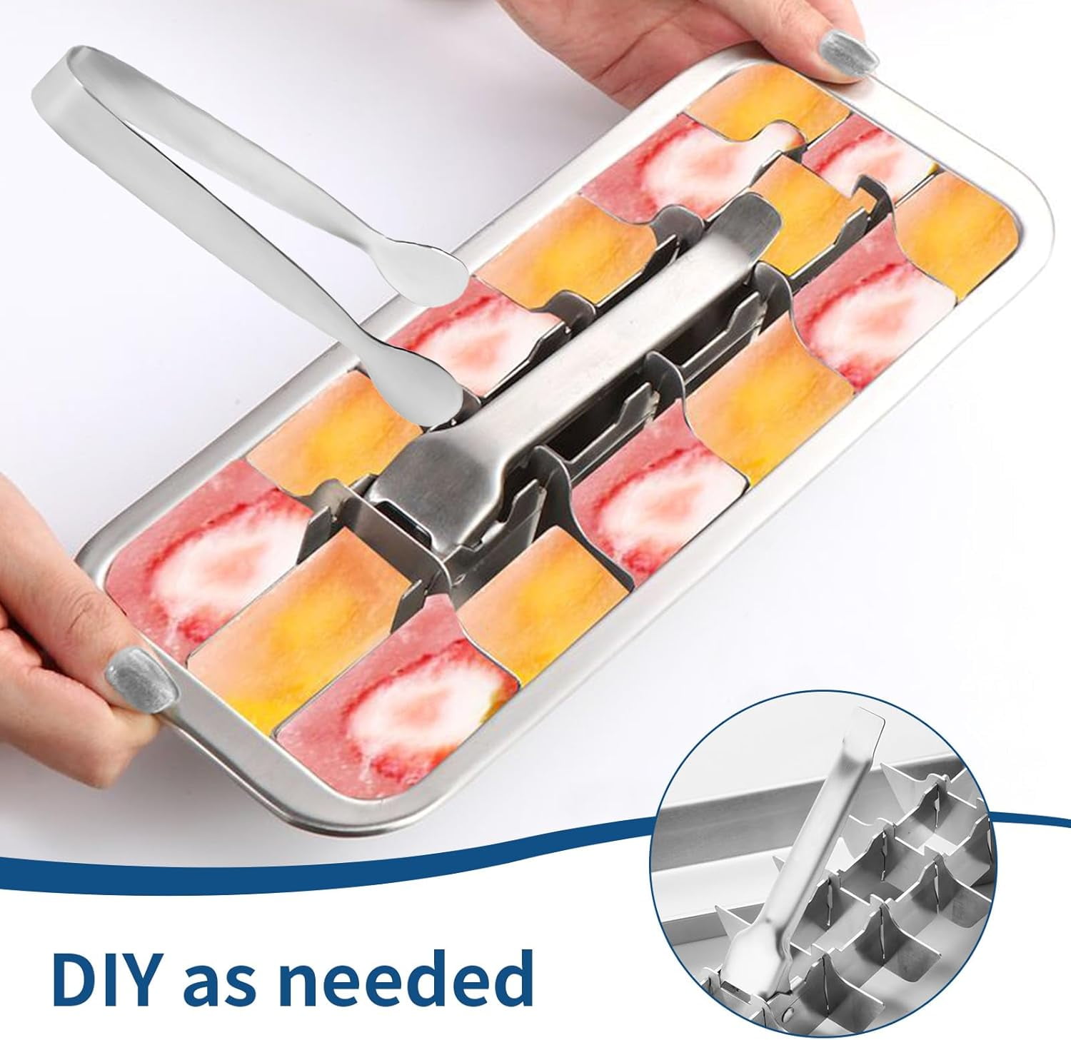 2Pcs Stainless Steel Ice Cube Trays for Freezer, Metal Ice Cube Trays with Lever, Reusable 18/8 Slot Ice Cube Mold for Bar & Kitchen (With Clips, 2PCS)