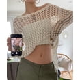 thumbnail image 3 of Women Knit Crochet Hollow Out Fishnet Top Long Sleeve See Through Mesh Shirt Sexy Club Streetwear, 3 of 6