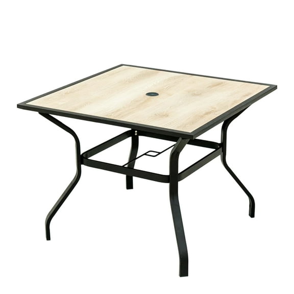 Beige Square Patio Dining Table With Metal Structure And Umbrella Opening - Modern Functional For Outdoor Living In Garden, Backyard, Porch, Balcony Table, Slot Easy To Assemble