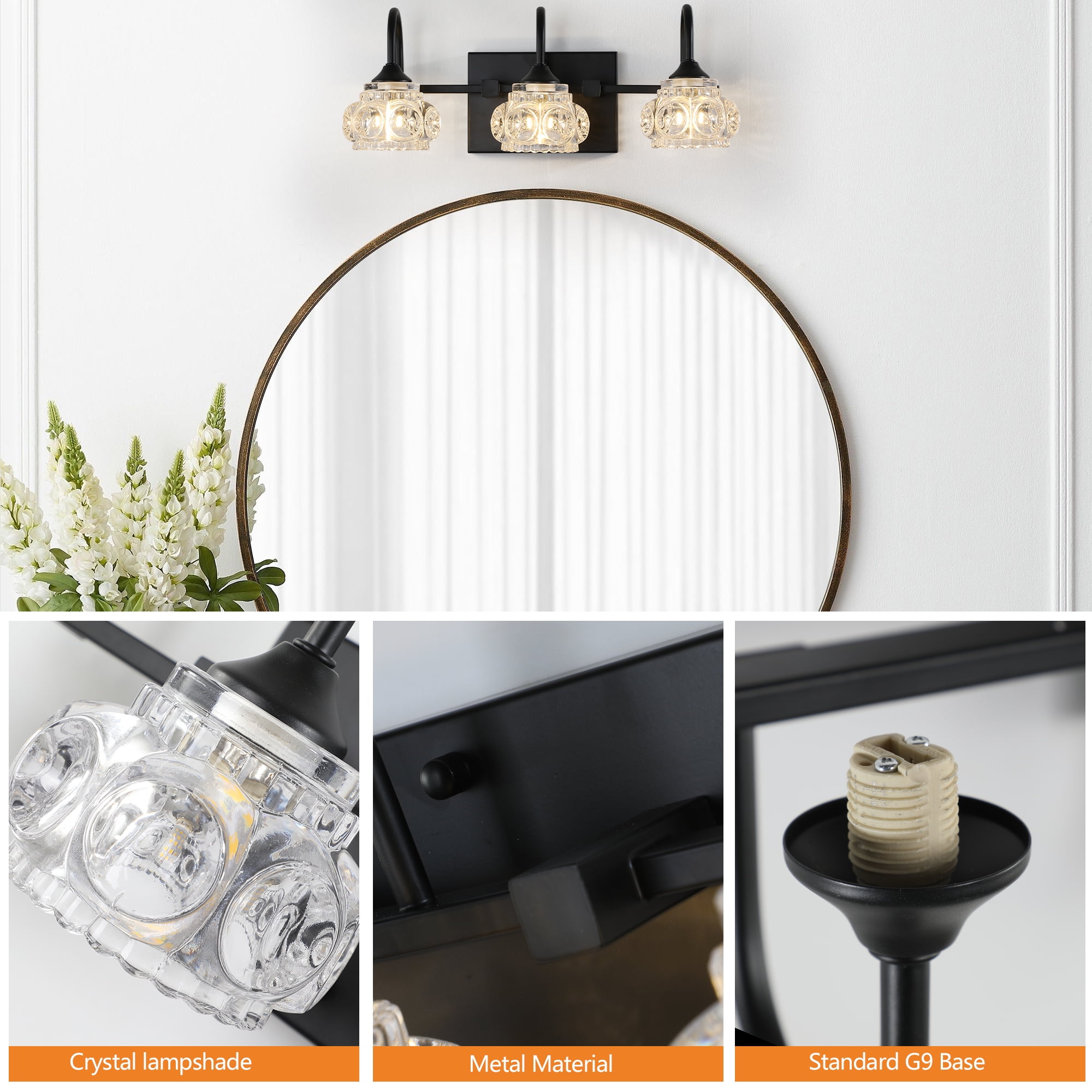 3-Light Bathroom Vanity Light, 17.3 Inch with Crystal Glass Shades, Dimmable, Matte Black Modern