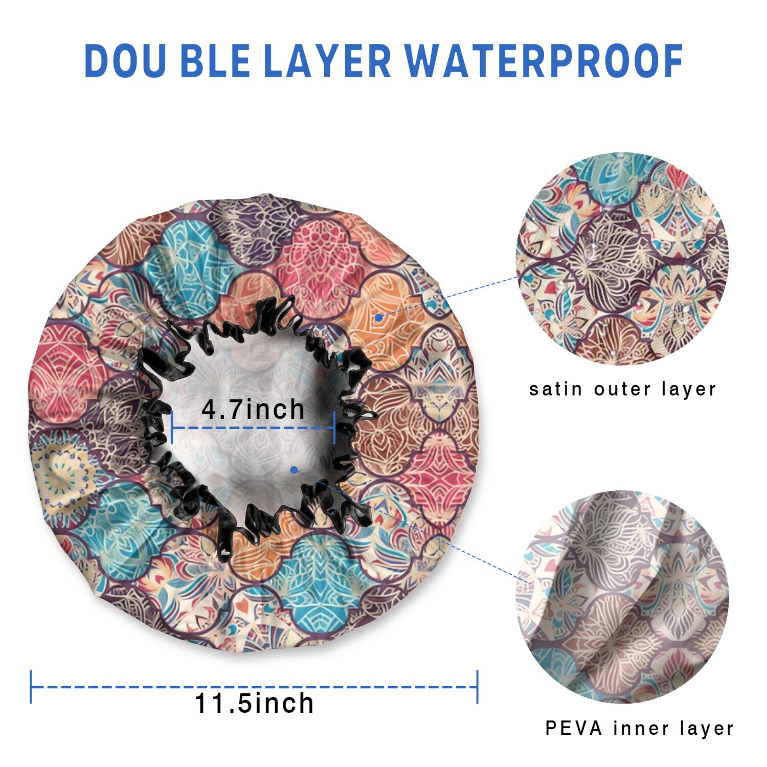 Shower Caps,Multicolor Ethnic Geometric Pattern Waterproof Shower Cap for Women 4 Pieces,Double Reusable Hair Cover for Shower PEVA Elastic Stretch Hem