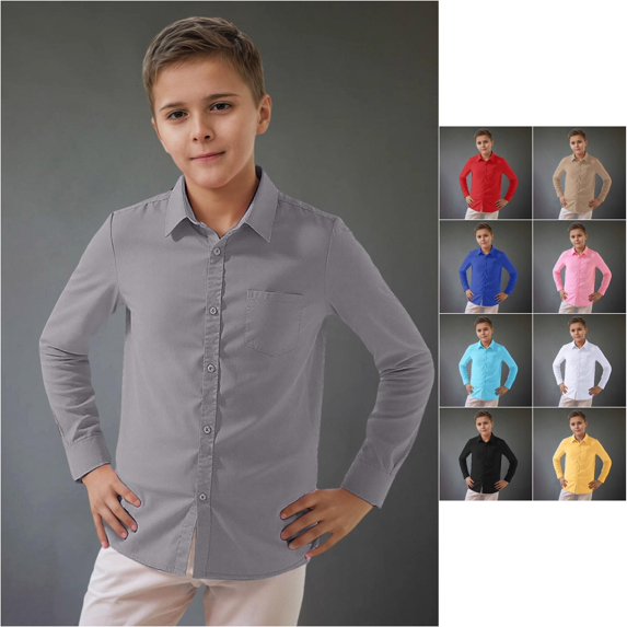 VOUZZA Kids Dress Shirt Long Sleeve Solid Button Down Collar Shirt Boys Girls School Uniform Formal Wedding Oxford Shirts, Size 3T-12 Years