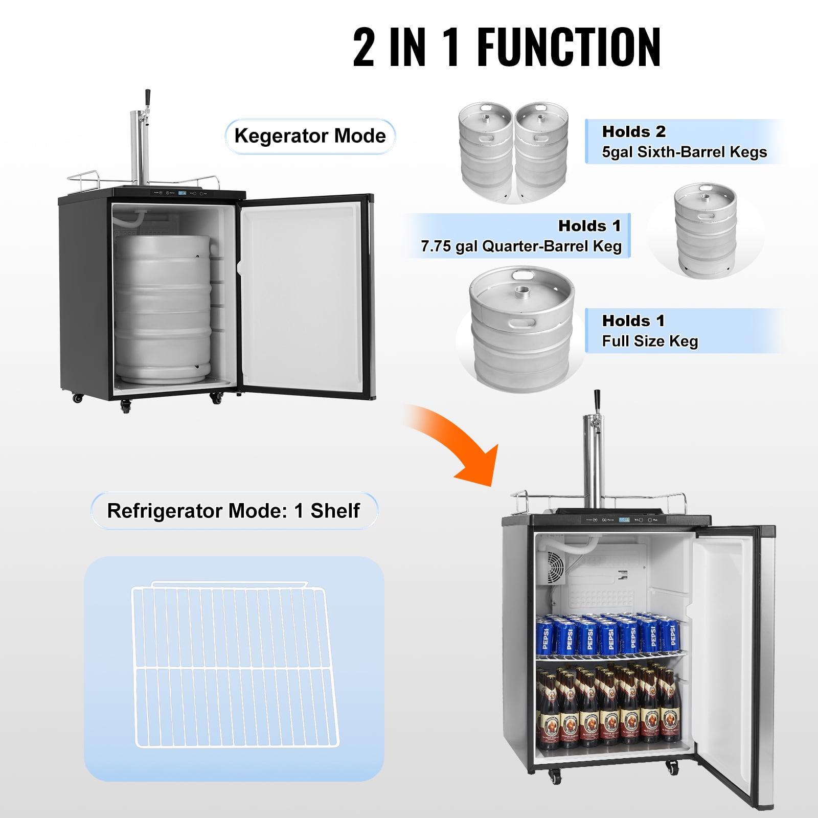 KFFKFF Beer Cooler, 162L Single Faucet Draft Beverage Chiller, Large Capacity Keg Fridge with Storage, CO2 Cylinder (Empty), 23°F- 82.4°F Adjustable Cooling,