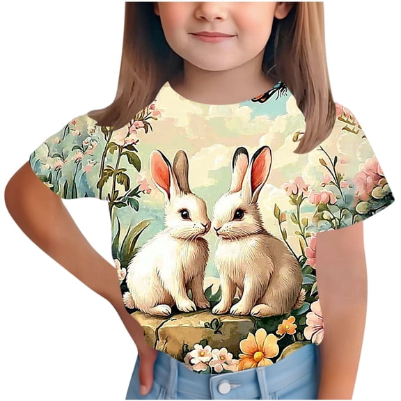 Girls Short Sleeve Bunny 3D Print Graphic Tee Khaki Kids Casual T-Shirt Soft Stretchy Top Sizes 3-14 Years,Size 14 T