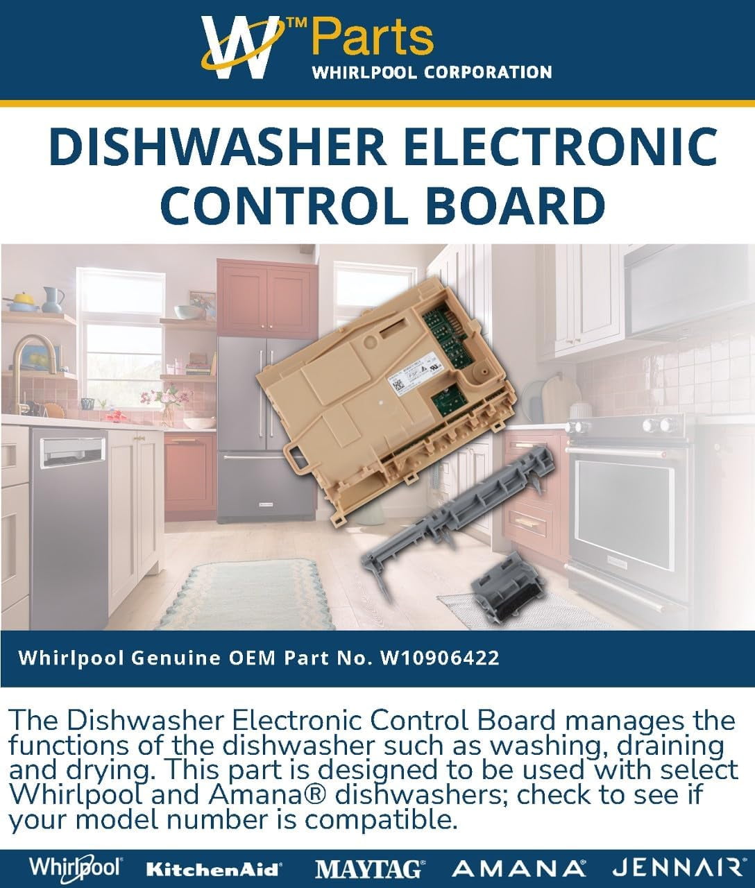Whirlpool W10906422 Genuine OEM Dishwasher Electronic Control Board Replacement Part - Replaces W10804122, W10834731, and W10876143