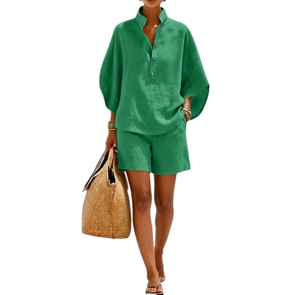 Womens 2 Piece Linen Outfits 3/4 Sleeve Top Shorts Set Casual Summer Loungewear Set Beach Outfit
