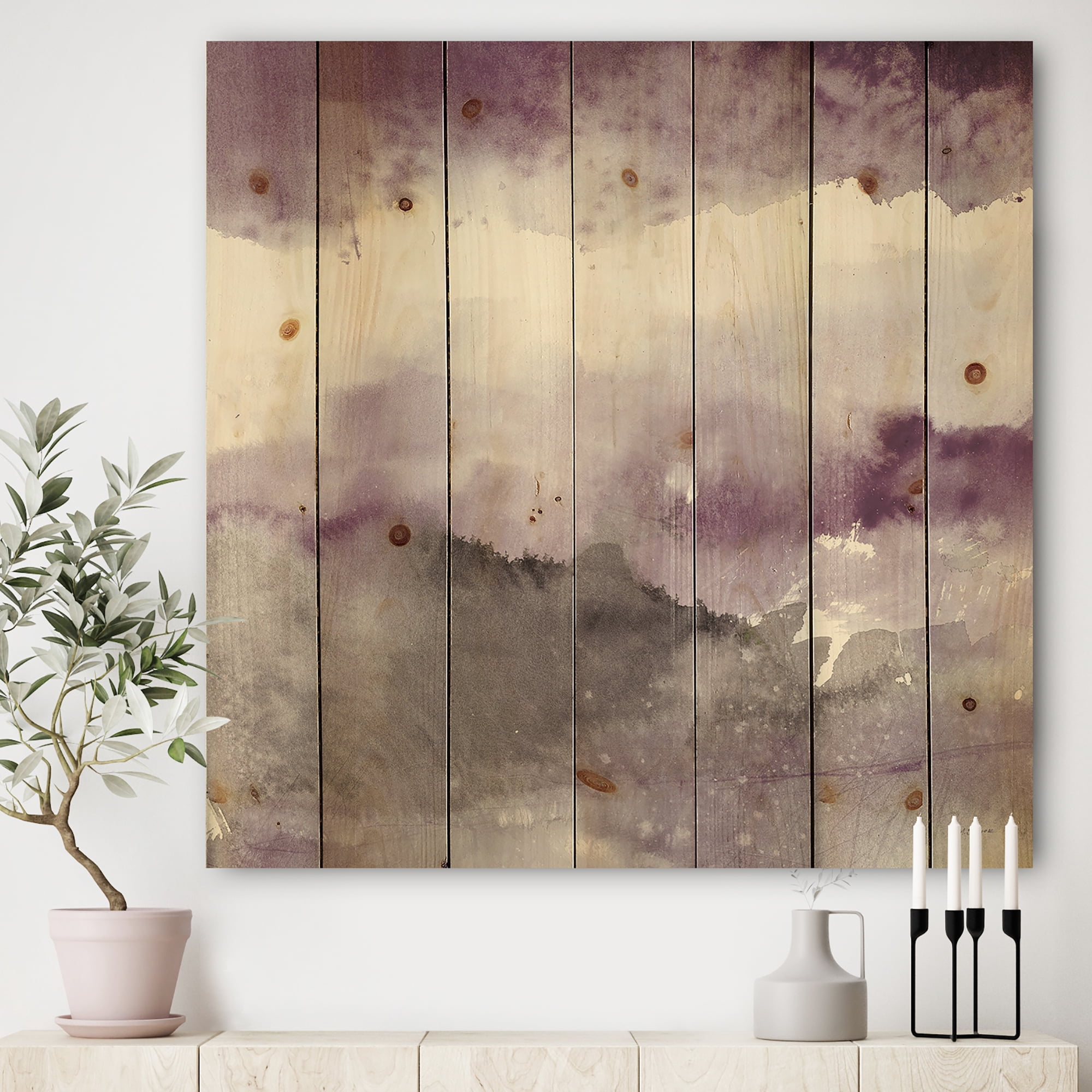 Designart 'Midnight at the Lake III Amethyst and Grey' Shabby Chic Print on Natural Pine Wood