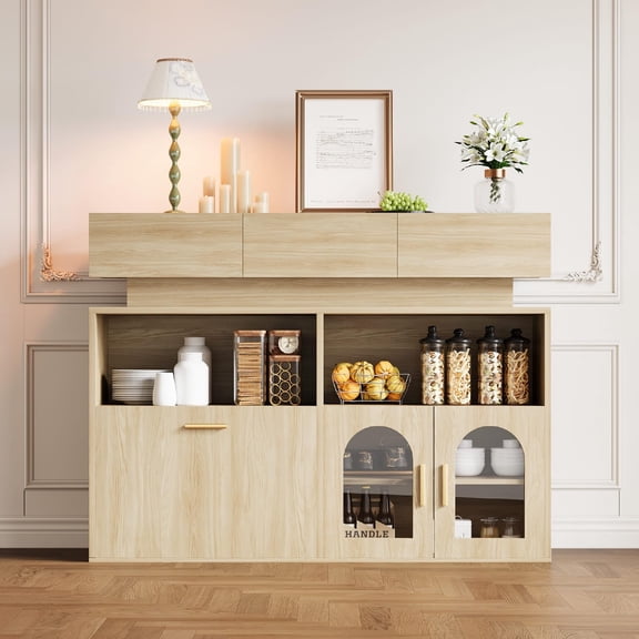 Farmhouse Coffee Bar Cabinet, Wood Sideboard Buffet with 3 Drawers and Adjustable Shelf, Multi-Purpose Kitchen Storage Cabinet for Dining Room Living Room Entryway