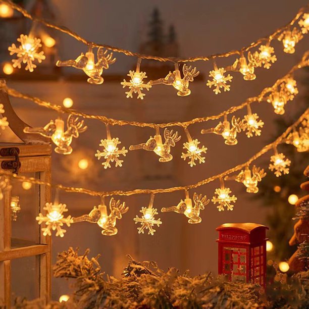 Luces navideñas, cadena de luces LED con forma de reno y copo de nieve, funciona con pilas, para decoración navideña, luces nocturnas de Navidad para dormitorio, patio, habitación, jardín, fiesta,