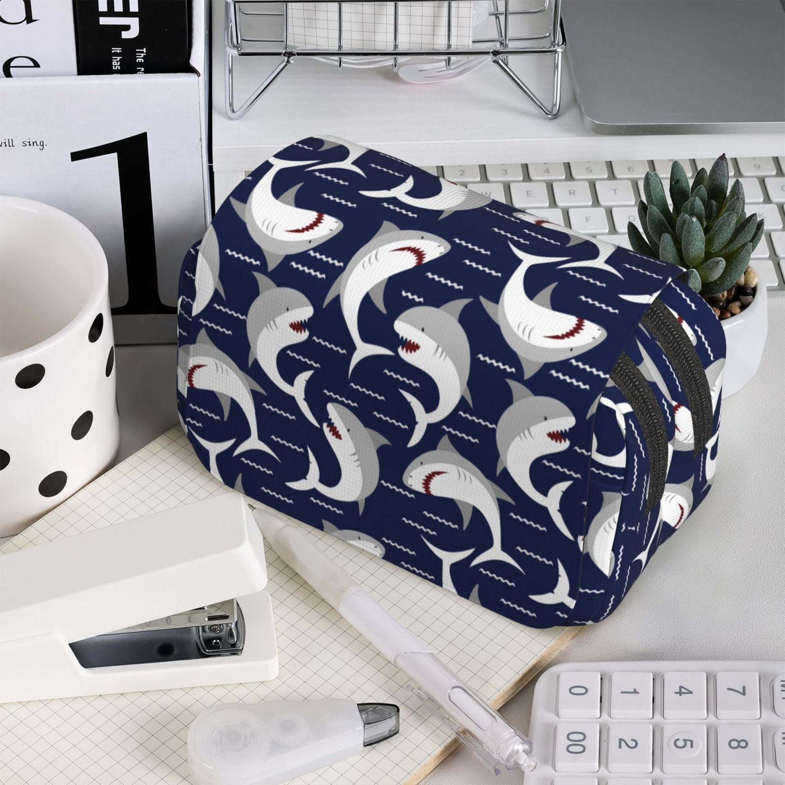Rateoe Angry Shark Pattern Double Clamshell Pen Case, Storage Organizer with Two Zipper Compartments– Holds Up to 50 Pencils & Pens