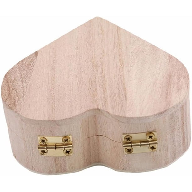 2 cajas de madera para anillos, sin terminar, de 3,94 × 3,54 × 1,57 pulgadas, con forma de corazón, para regalo de joyería, con tapa abatible, de madera blanca.