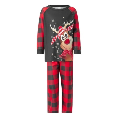 

Amuver Christmas Family Matching Pajamas Set Long Sleeve Elk Print T-shirt with Plaid Pants