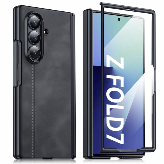 Oupeigar for Samsung Galaxy Z Fold 7 Case with Screen Protector,Wireless Charging,Ultra Thin Stylish Leather Matte PC Shockproof Case-Black