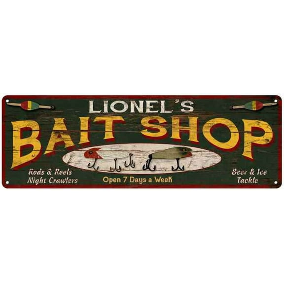 LIONEL'S Bait Shop Sign Wood Look Man Cave Den Gift 6x18 Metal 206180024423