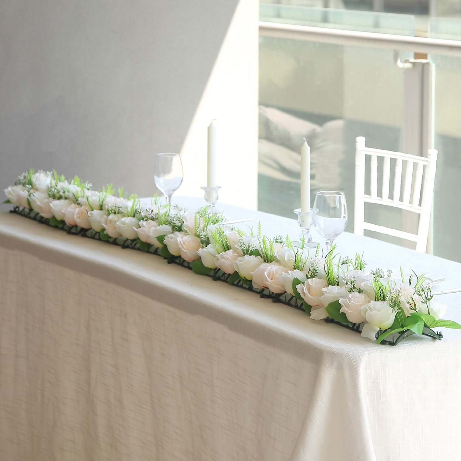 Efavormart 6 Pack Cream Ivory Silk Rose Flower Panel Table Runner, Artificial Floral Arrangements Dining Table Decor - 20"x8"