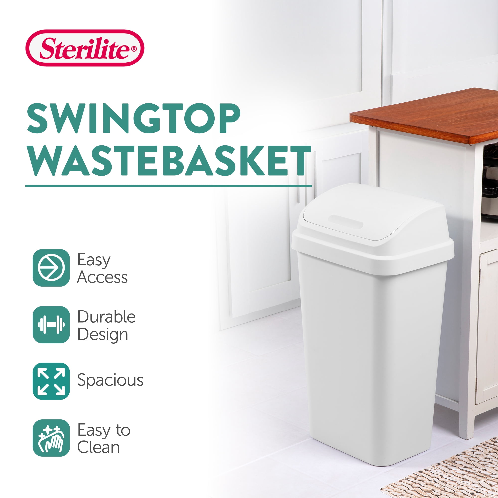 Sterilite 13 Gal Kitchen Garbage Can, Swing Top Lidded Wastebasket