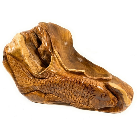 Unique Teak Root Bowl w/ Carved Koi Fish 20" X 16" X 12" - Centerpiece | #cin05e
