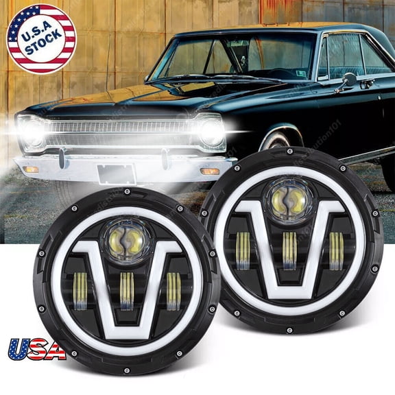 Fit for Plymouth Valiant 1963-1976 Pair 7Inch Round LED Headlights Hi Lo Beam H4