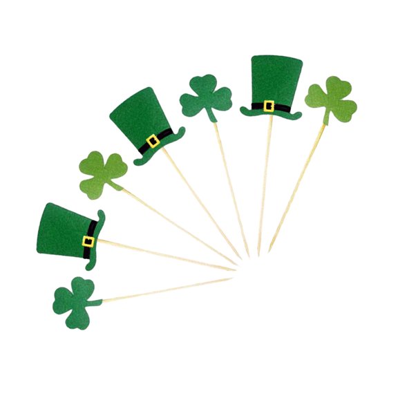 Zoyueyie 7pcs St. Patricks Day Cake Topper Felt Wood Glitter Leprechaun Hats Cupcake Topper Fruit Toothpick for Festival Party Favor Birthday Dessert ( Green )