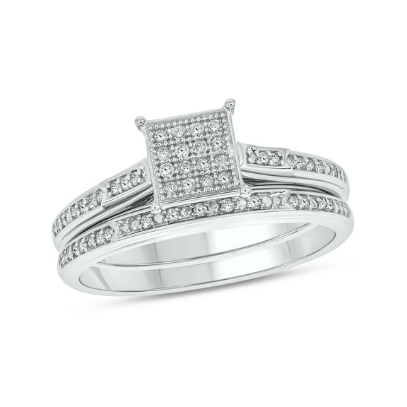 1/4cttw Diamond Square Cluster Engagement Ring with Matching Diamond Wedding Band for Women in 925 Sterling Silver, Women's Silver Square Wedding Ring Set with Diamond Accented Bands