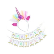 LaRibbons Purple Unicorn Headband and Happy Birthday Banner Unicorn Party Supplies,for Birthday Party,Baby Shower,Kids Party Decoration