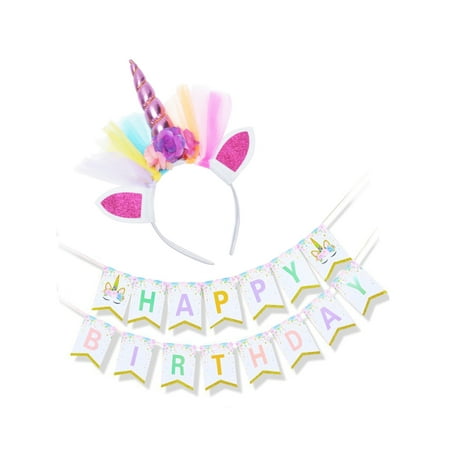 LaRibbons Purple Unicorn Headband and Happy Birthday Banner Unicorn Party Supplies,for Birthday Party,Baby Shower,Kids Party Decoration