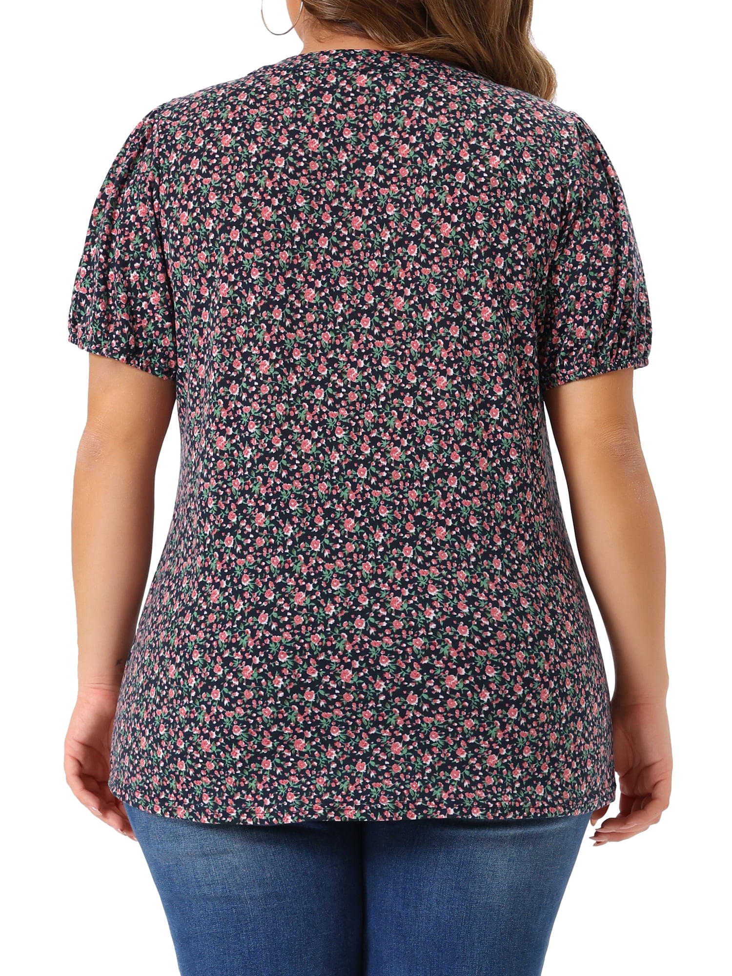 Women's Plus Short Sleeve Pleated T-Shirts Notched V Neck Floral Tops 6X Navy Blue