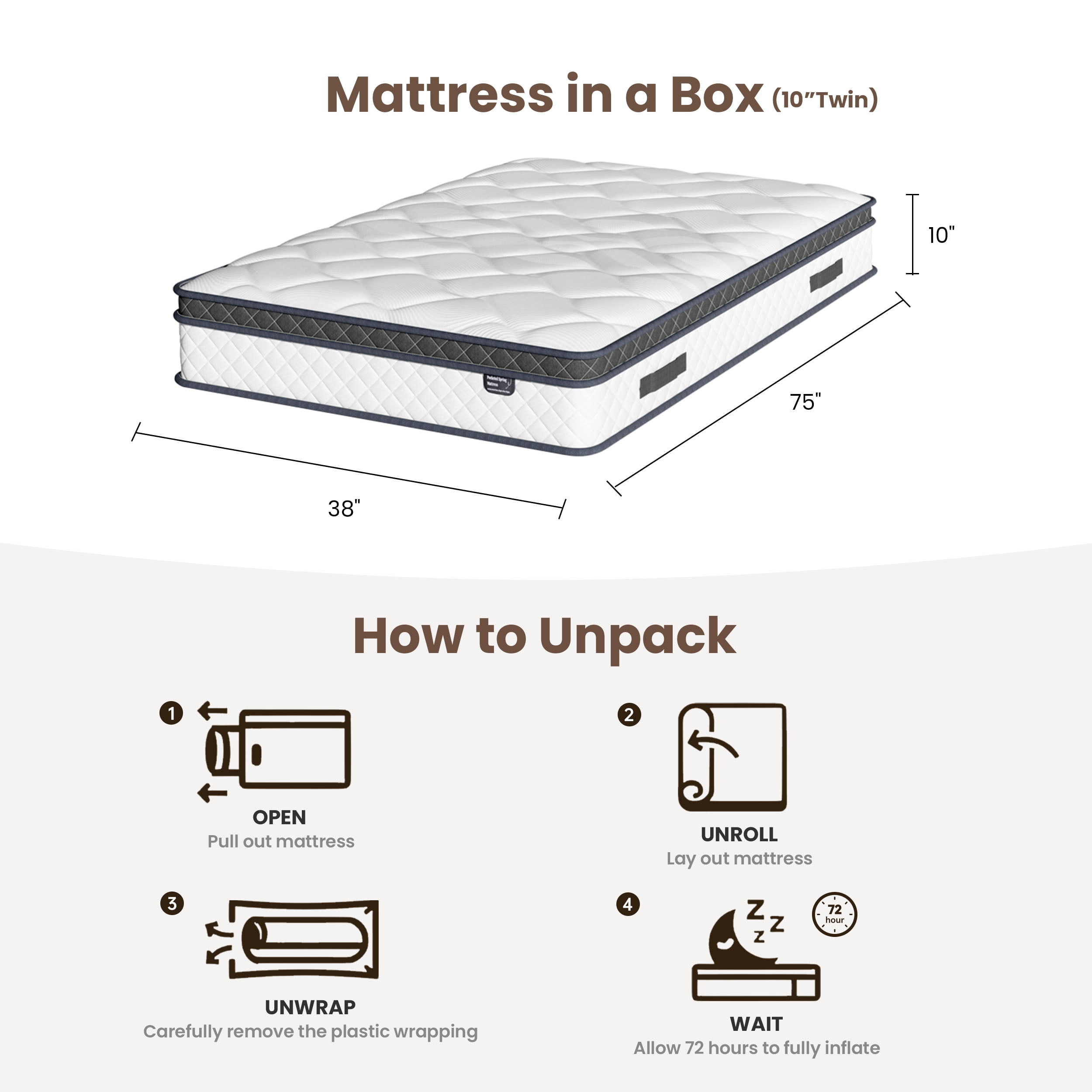 Twin Size Mattress, 10 Inch Hybrid Mattress in a Box, Memory Foam Pocket Coils Innerspring Mattresses, Fiberglass Free, Pressure Relief, Medium Firm