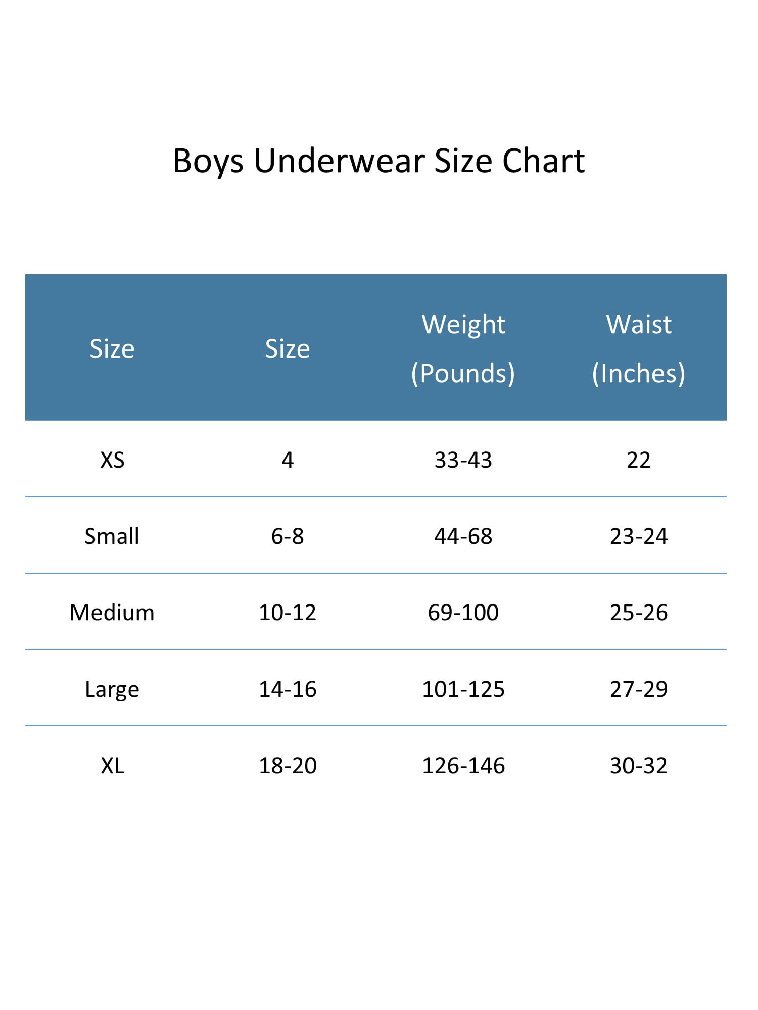 Boys Boxer Briefs Size Chart