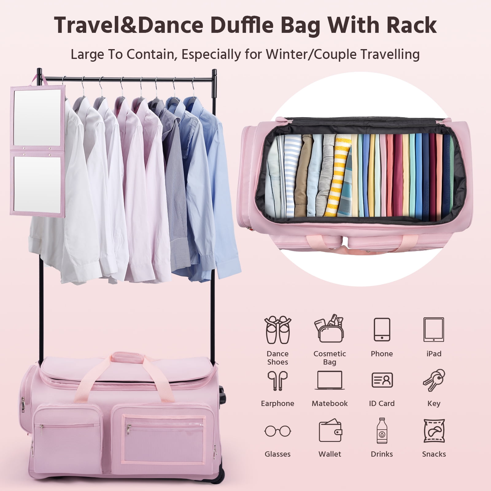 Dance Bag with Garment Rack,28" Pink Clothes Rolling Duffel Dance Bag with Rack Dance Costumes Garment Bags For Travel, Garment Duffle Bag For Dance Competition Travel Bag with Garment Rack