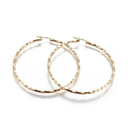 304 Stainless Steel Hoop Earrings Twisted Ring Gold 2.5" Inch Pin 0.8Mm P611