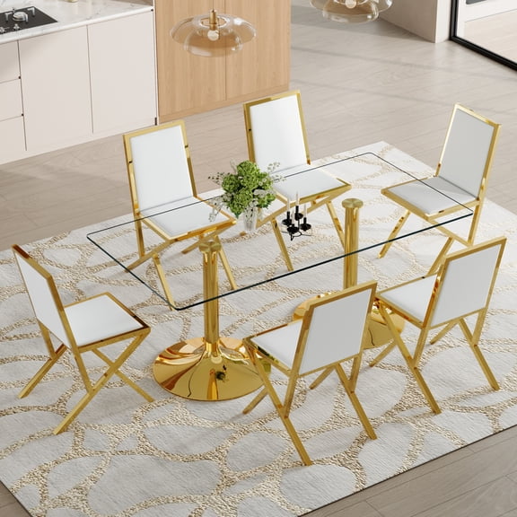 Miekor Table and chair set.71 x 35.4-inch tempered glass table,6 golden metal framed white PU dining chairs. Modern Kitchen Table & 6 Seater Dining Room Furniture Set for Family Gatherings. No5166