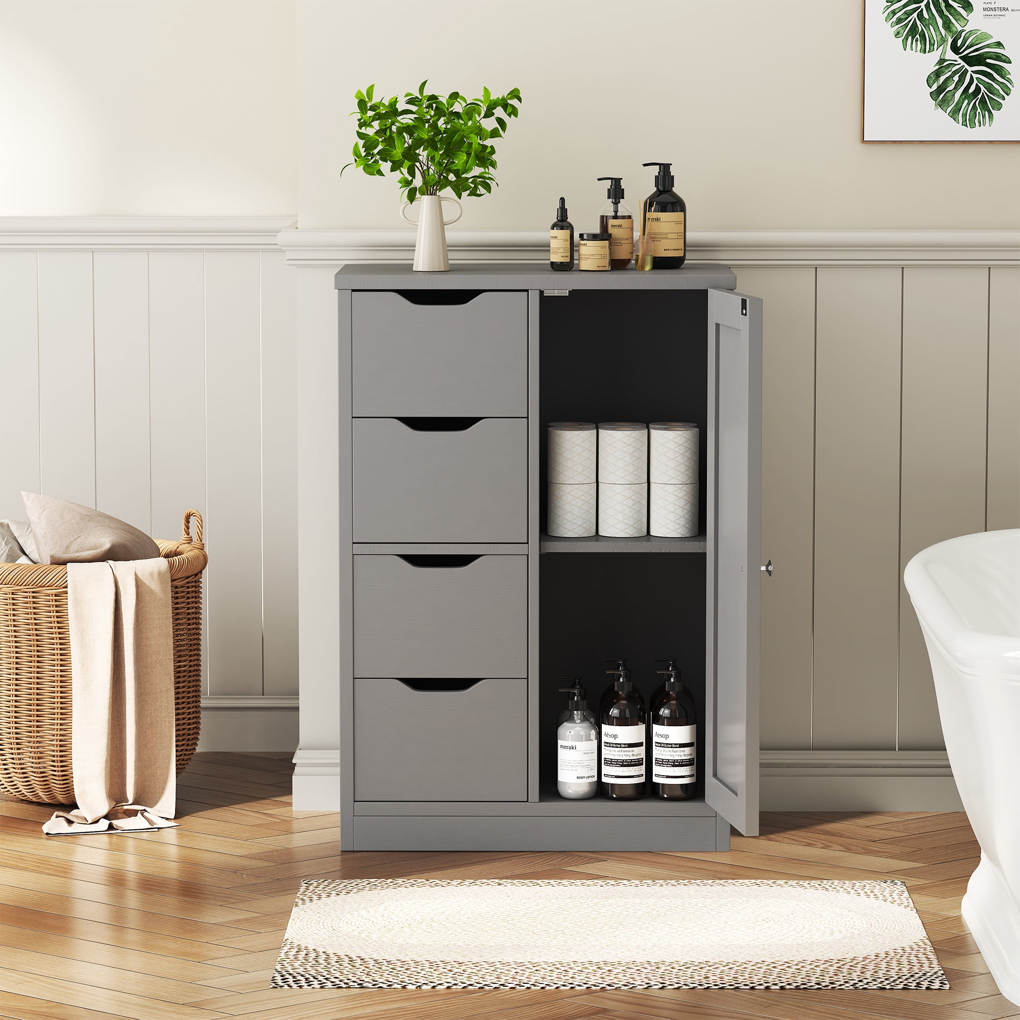 Walsunny Bathroom Floor Cabinet Storage Organizer Freestanding Wooden Cupboard with Door Drawers Adjustable Shelf for Small Spaces Laundry Room Kitchen Living Room Bedroom Home Office,Gray