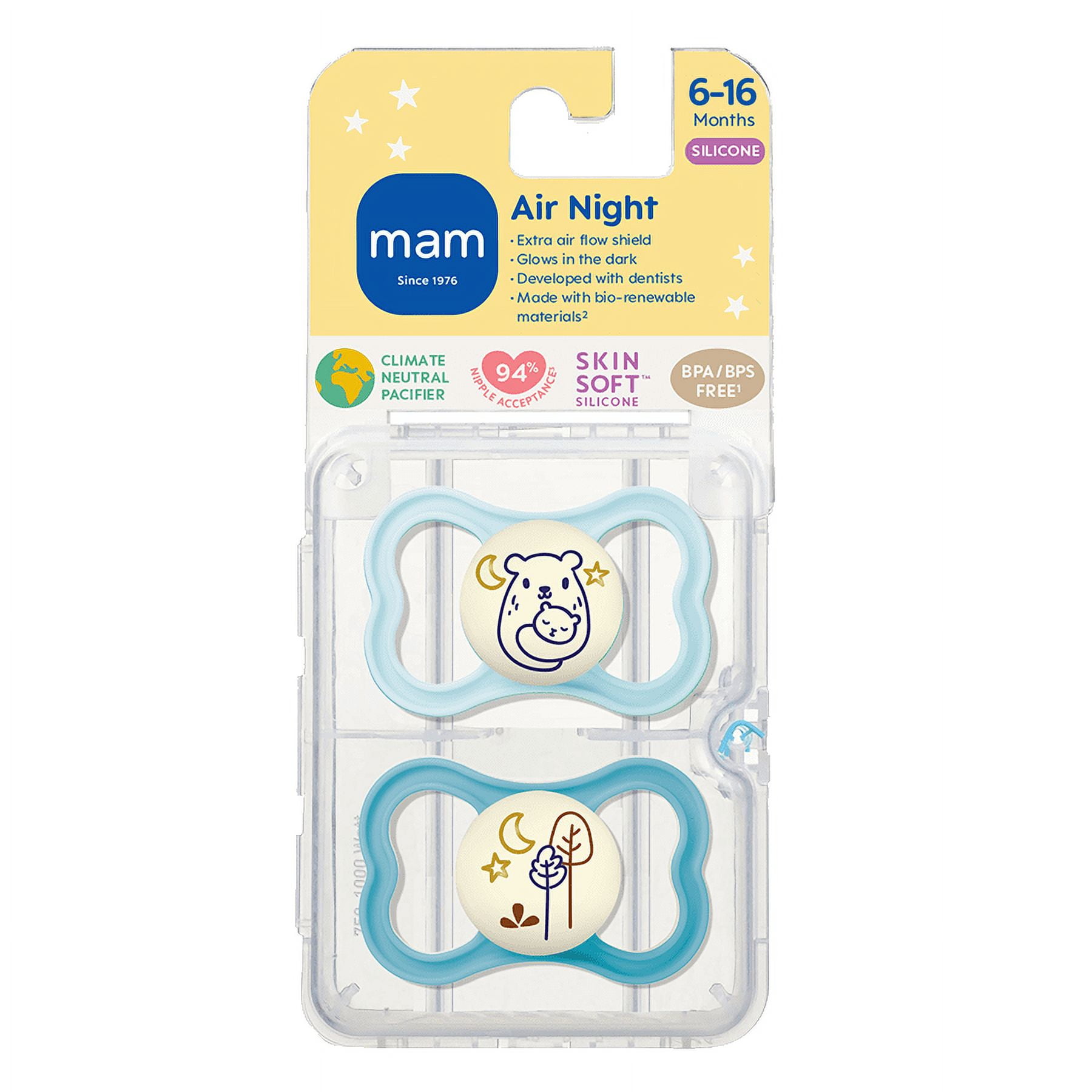 MAM Air Night Pacifier, 6+ Months, Boy, 2 Pack