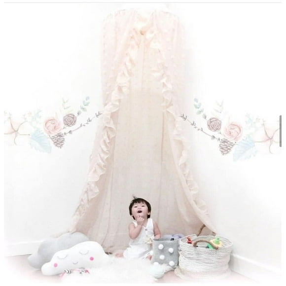 Auvent Élégant pour Lit de Bébé et Lit de Bébé - Moustiquaire en Dentelle et Tulle avec Pompons, Tente de Rêve pour Filles Princesse, Coin Lecture pour Enfants, Déco de Chambre de Bébé, Beige