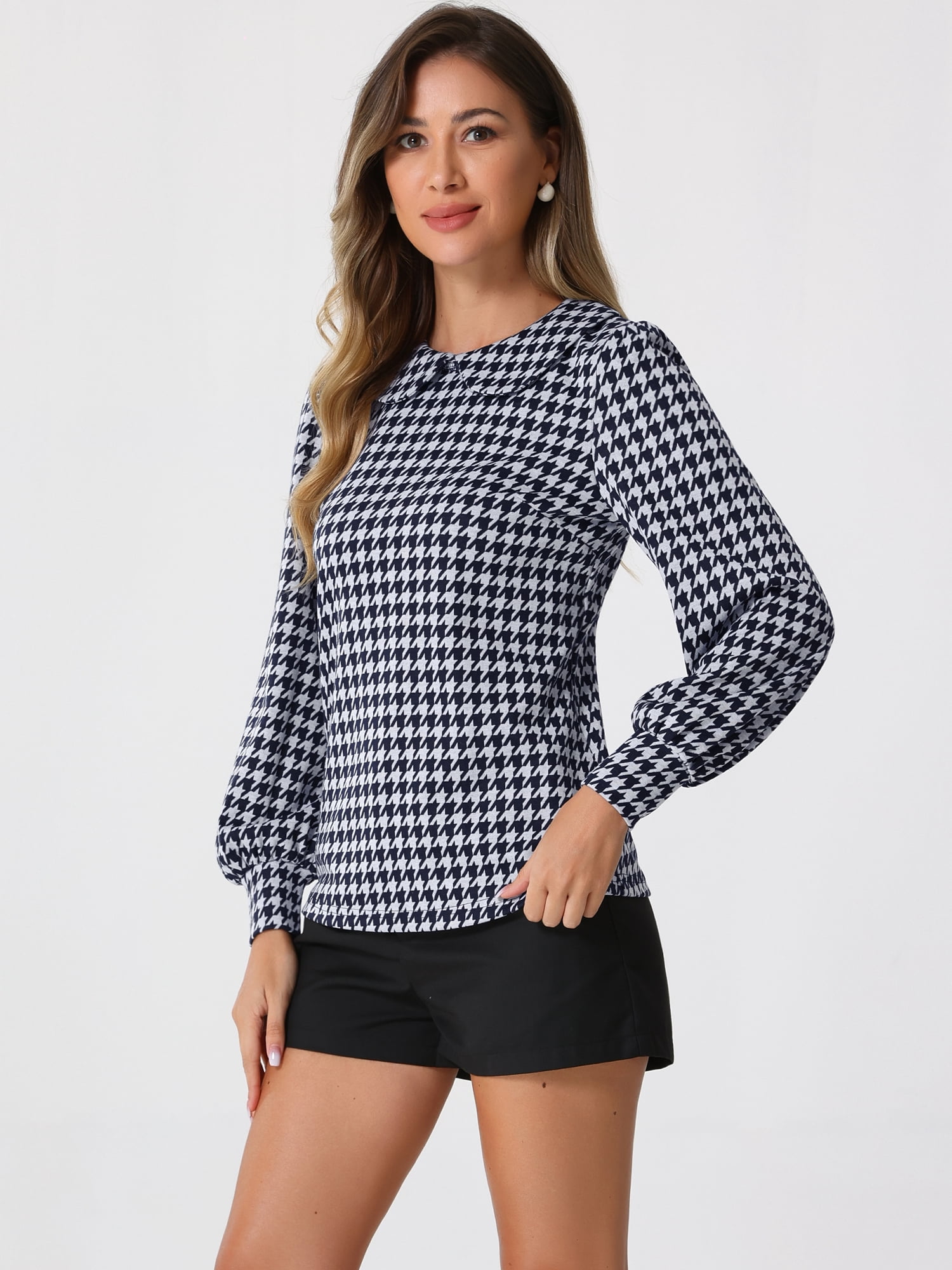 DARING DIVA Women's Peter Pan Collar Houndstooth Plaid Blouse S Navy Blue