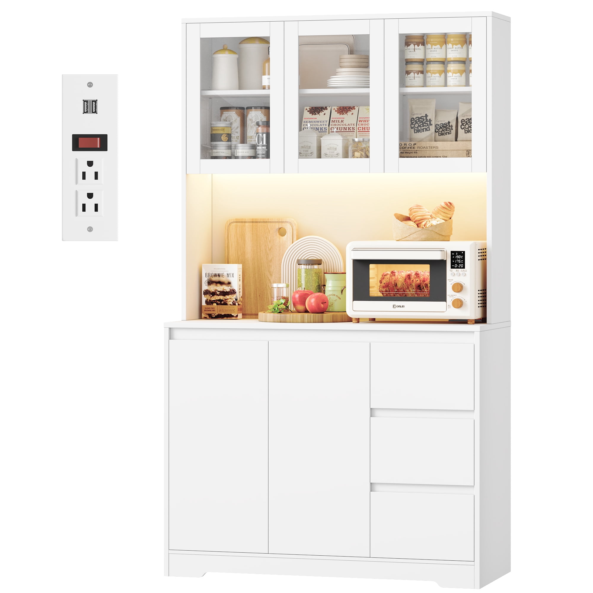 Homfa 70.9'' Kitchen Pantry Cabinet with Charging Station and LED Light, 3 Drawers Buffet Storage Cabinet with Glass Doors and Adjustable Shelves, White