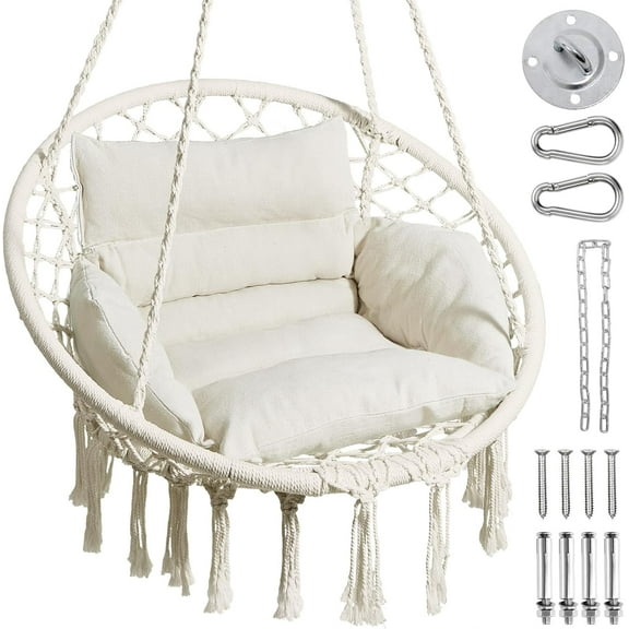 Hammock Chair, Macrame Swing Chair with Comfy Cushion, Boho Hanging Chair for Outdoor & Indoor, Perfect for Bedroom, Patio, Balcony, Hold up to 330Lbs, White